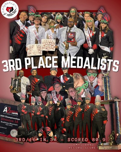 Band and guard celebrating a 3rd place medal finish